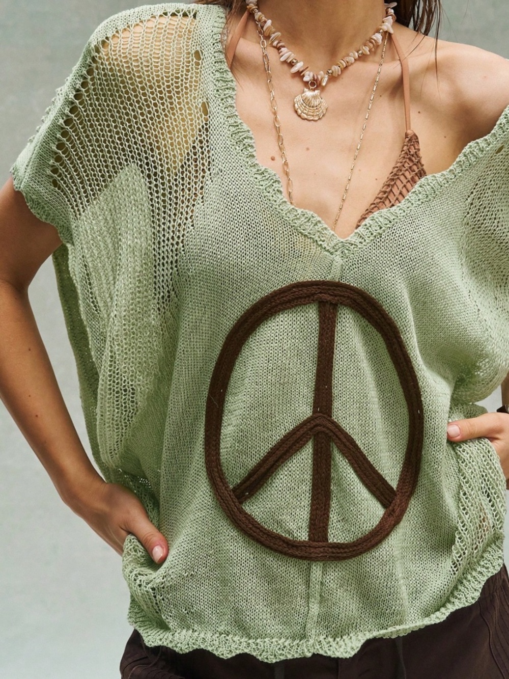 Boho Peace Crochet Patch V neck Semi Sheer Oversized Sweater Top - Picture 5 of 5